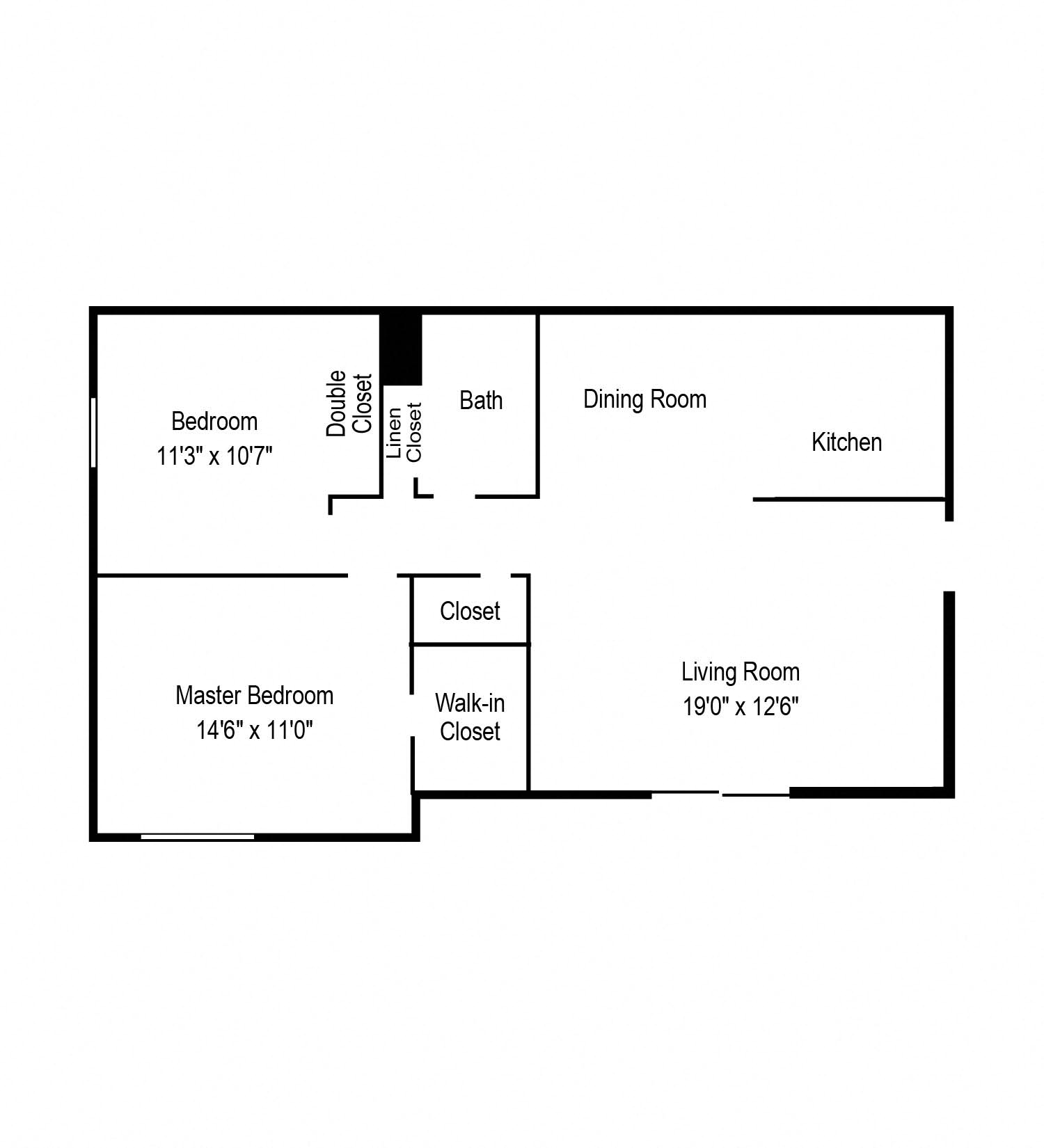 Floor plan for 2 beds, 1 bath, 850 sqft